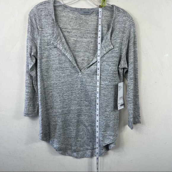 NEW ATHLETA GRAY SPLIT NECK 3/4 SLEEVE ZEPHYR 100% LINEN TOP TEE SHIRT XS - Picture 8 of 11